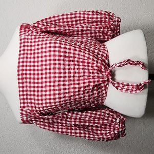 Forever 21 Red & White Checkered Crop Balloon 3/4 Sleeves Top w/Tie @ Waist Sz.S